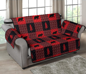 Bears on Red, Black and White Plaid Tartan Patchwork Furniture Slipcovers