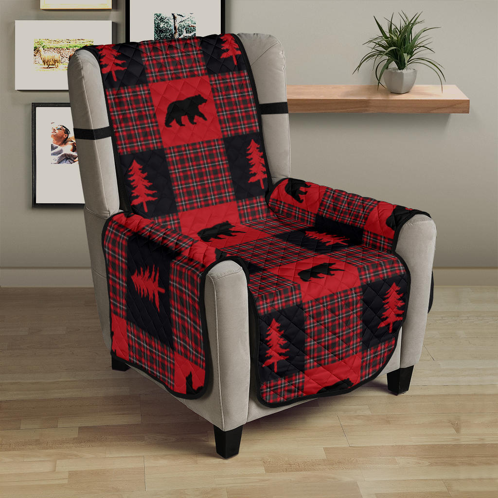 Bears on Red, Black and White Plaid Tartan Patchwork Furniture Slipcovers