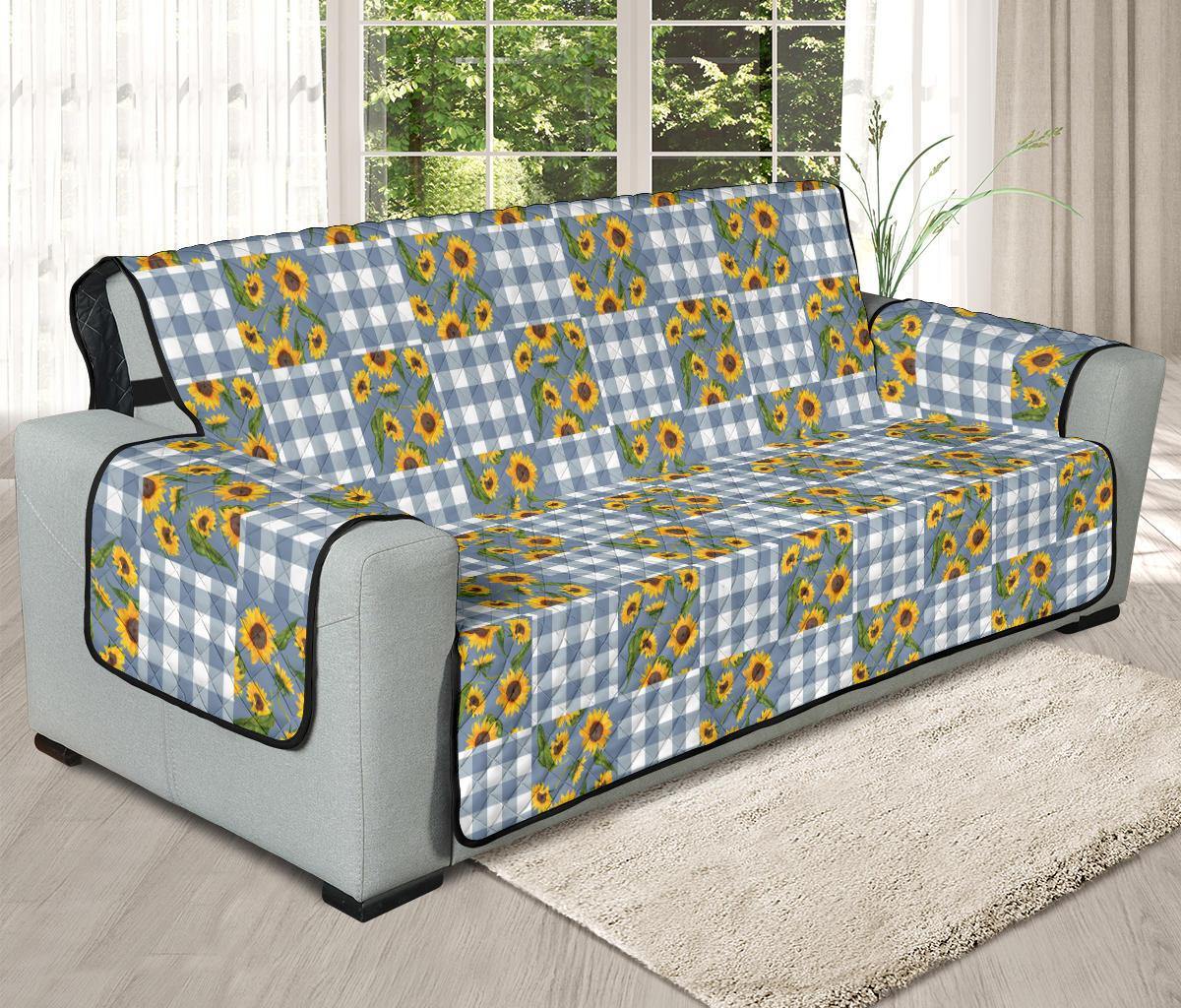 Blue Buffalo Plaid With Sunflowers Patchwork Pattern Furniture Slipcovers - RusticDecorShop