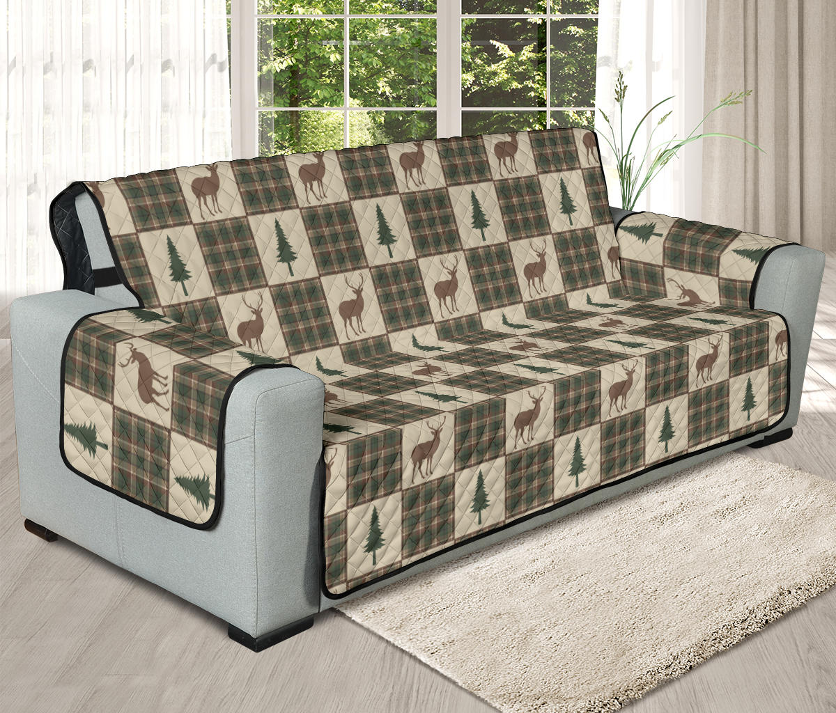 Tan and Green Plaid Deer Theme Rustic Furniture Slipcovers