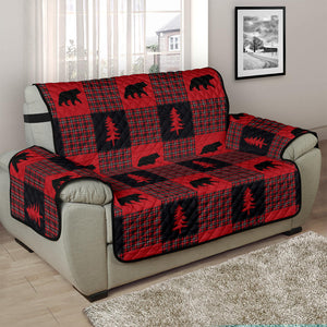 Bears on Red, Black and White Plaid Tartan Patchwork Furniture Slipcovers