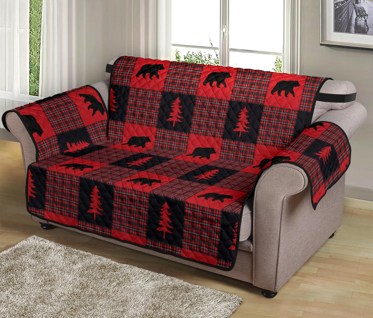 Bears on Red, Black and White Plaid Tartan Patchwork Furniture Slipcovers