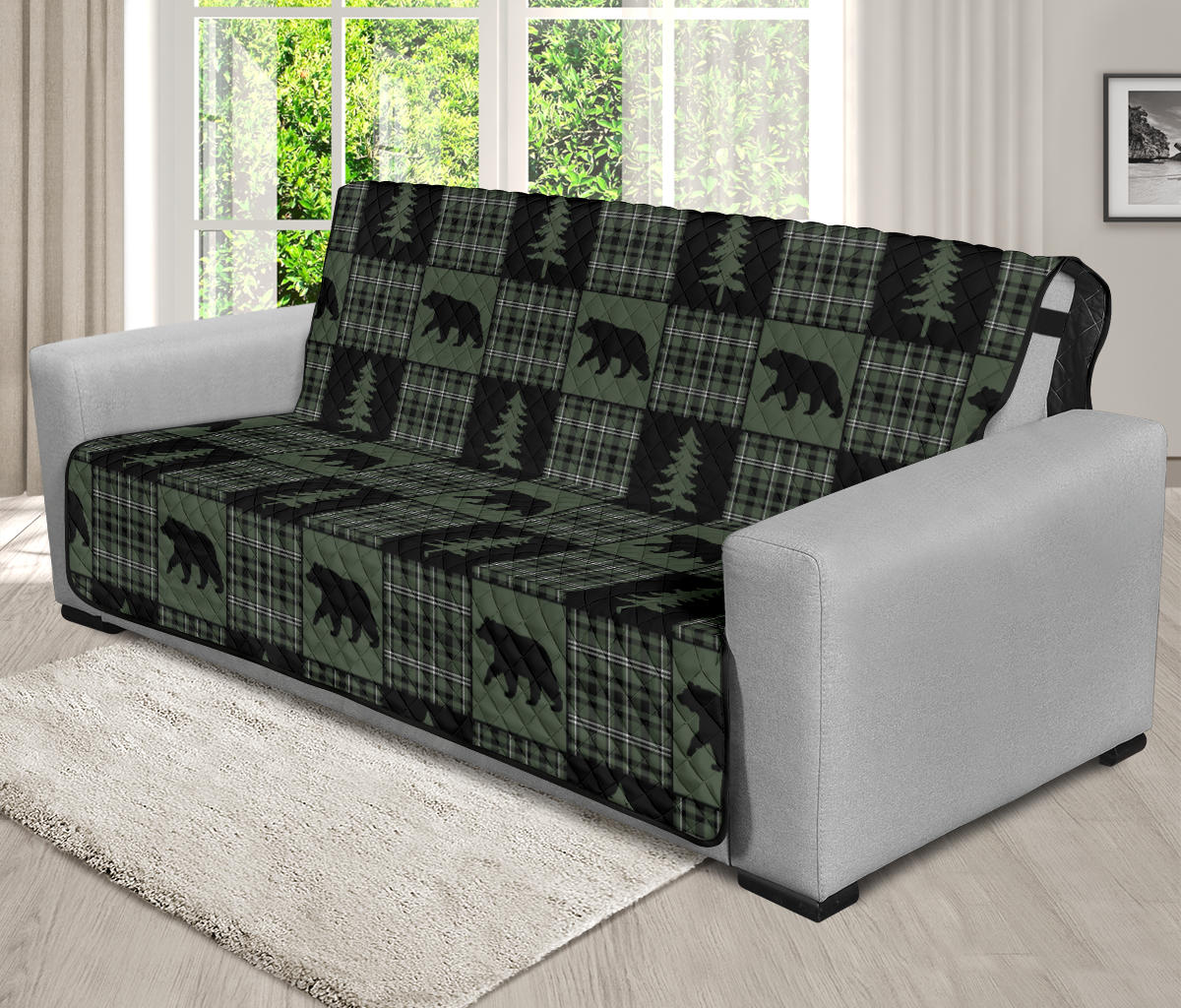 Green and Black Plaid Bear Patchwork Furniture Slipcovers