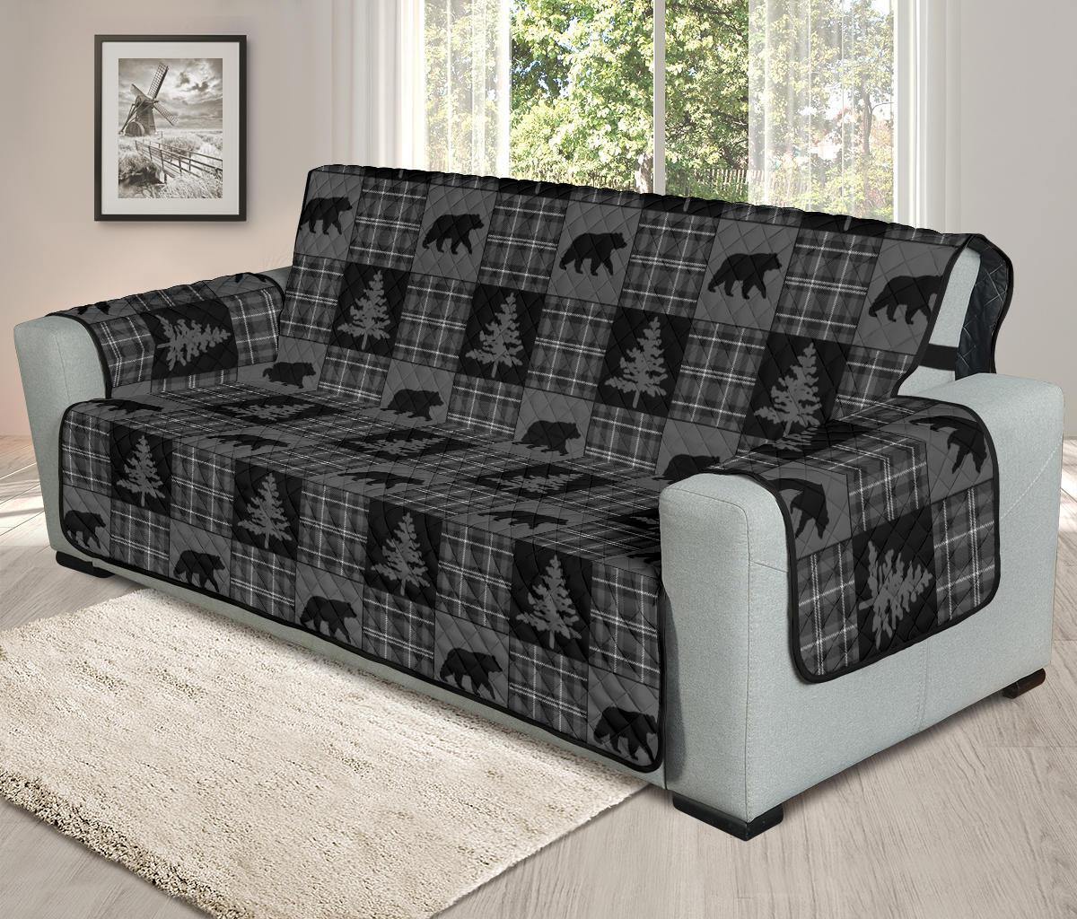 Gray and Black Plaid With Bears Woodland Theme Slipcovers - RusticDecorShop