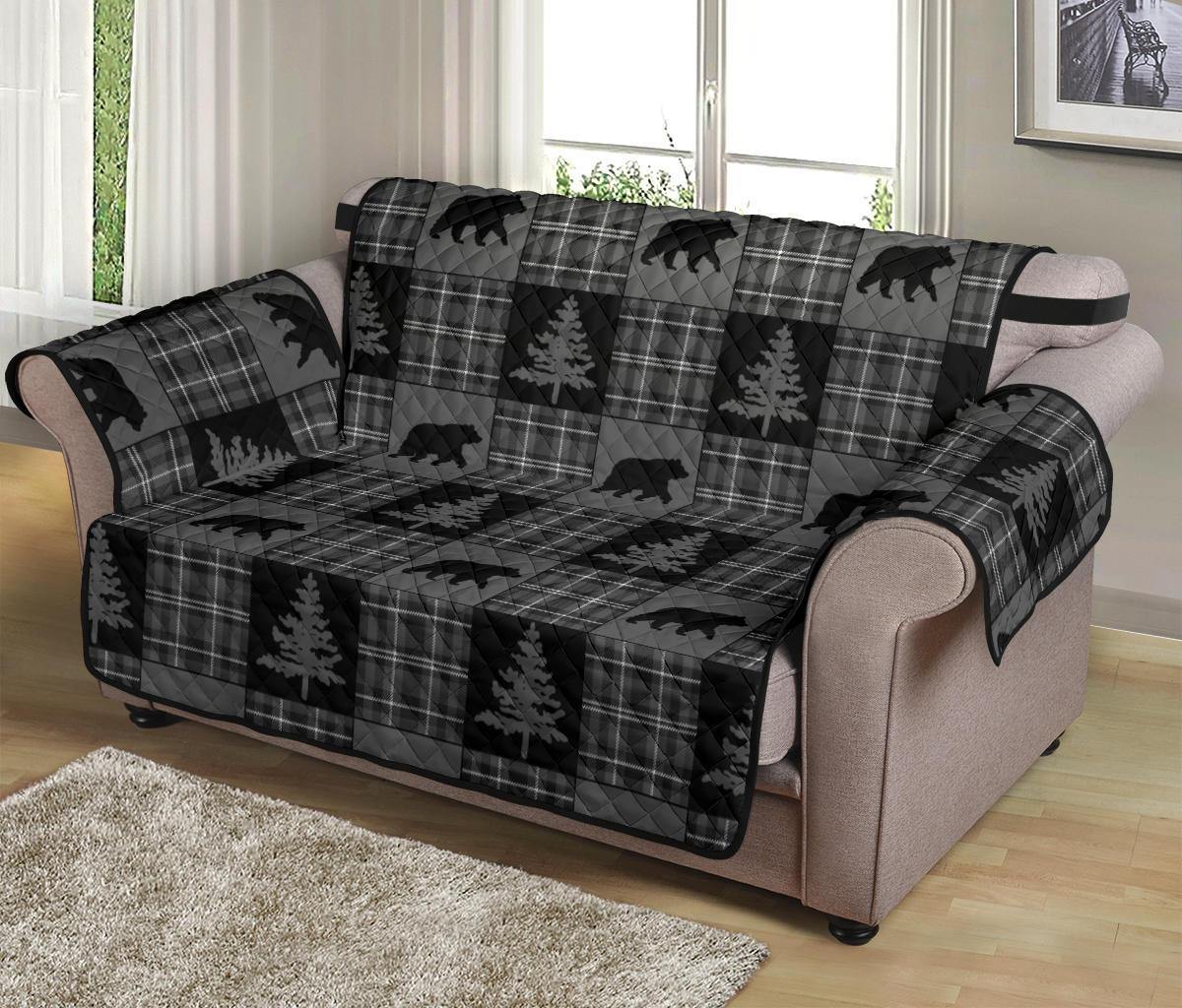 Gray and Black Plaid With Bears Woodland Theme Slipcovers - RusticDecorShop