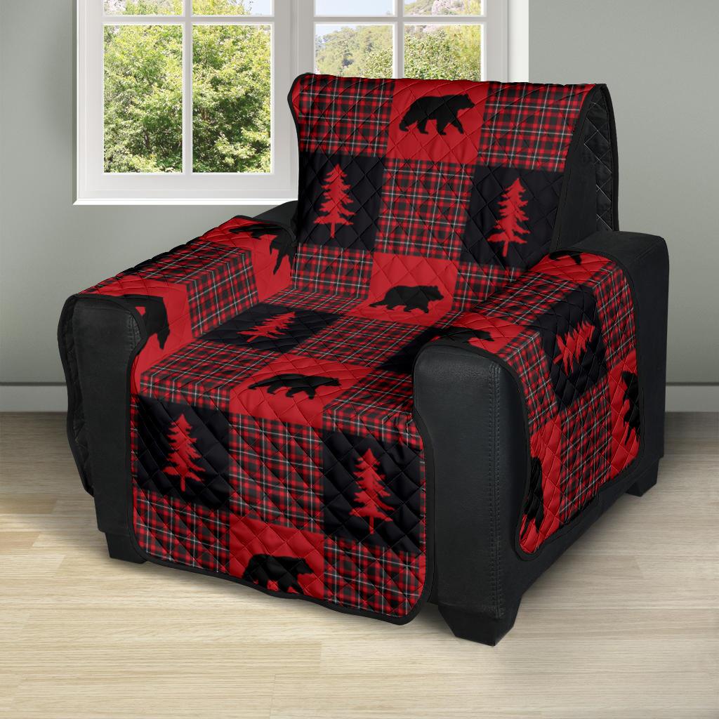 Bears on Red, Black and White Plaid Tartan Patchwork Furniture Slipcovers