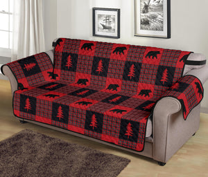 Bears on Red, Black and White Plaid Tartan Patchwork Furniture Slipcovers