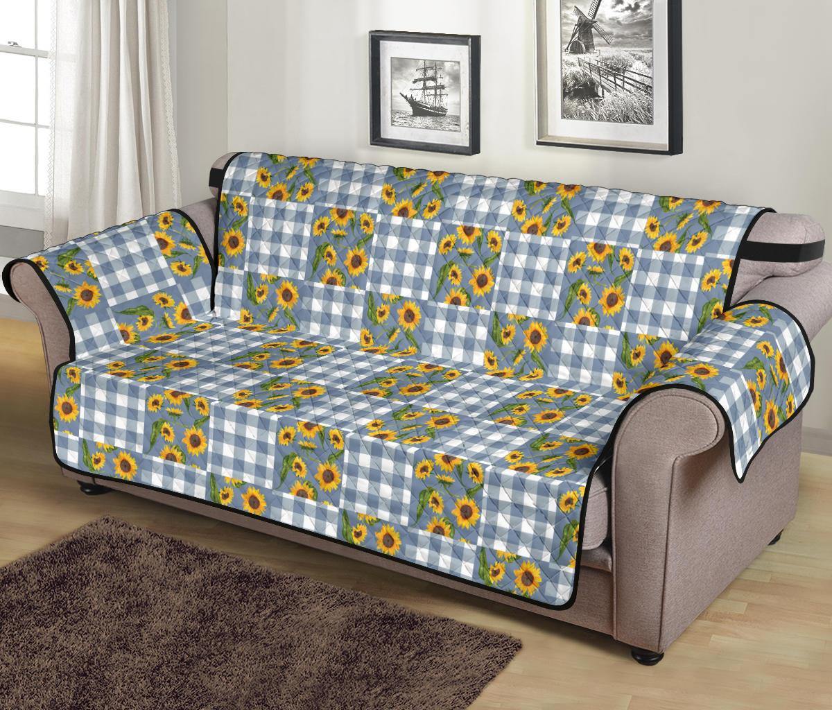 Blue Buffalo Plaid With Sunflowers Patchwork Pattern Furniture Slipcovers - RusticDecorShop