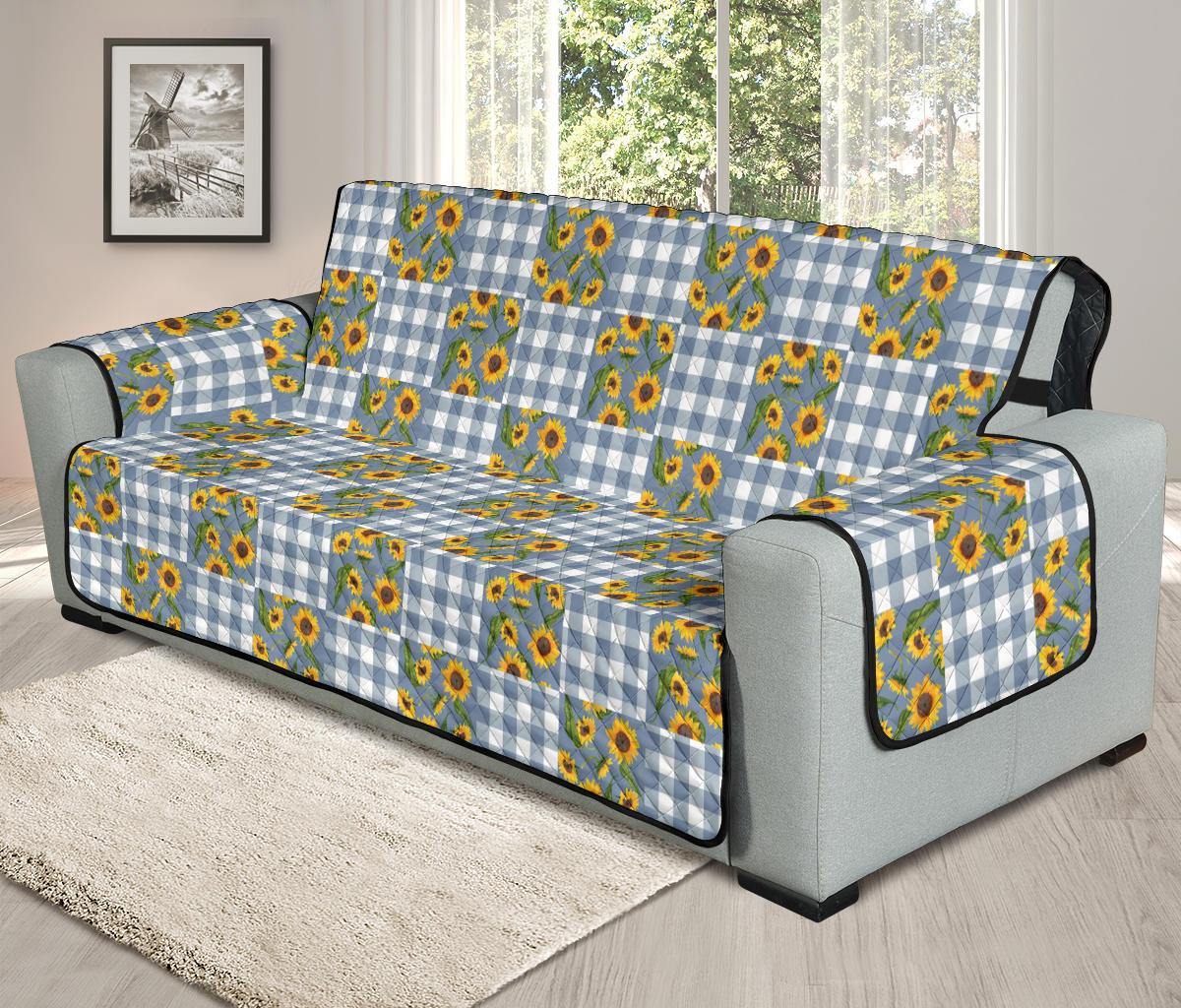 Blue Buffalo Plaid With Sunflowers Patchwork Pattern Furniture Slipcovers - RusticDecorShop