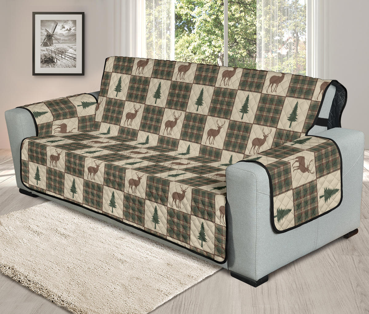 Tan and Green Plaid Deer Theme Rustic Furniture Slipcovers