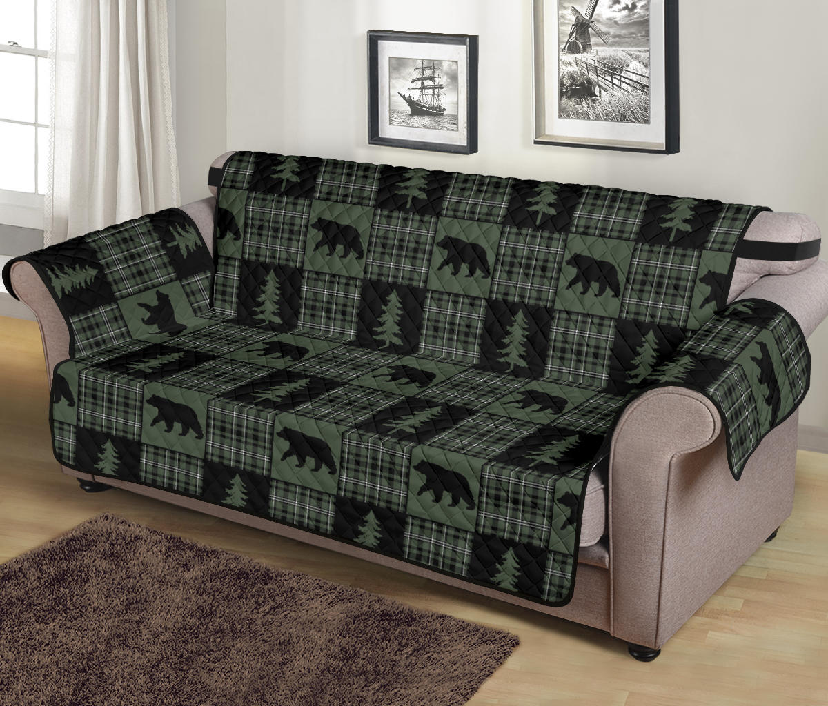 Green and Black Plaid Bear Patchwork Furniture Slipcovers