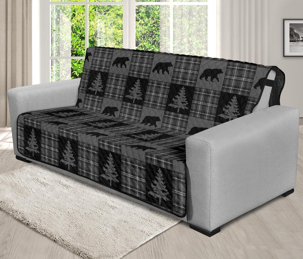 Gray and Black Plaid With Bears Woodland Theme Slipcovers - RusticDecorShop