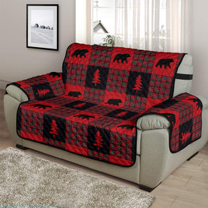 Bears on Red, Black and White Plaid Tartan Patchwork Furniture Slipcovers