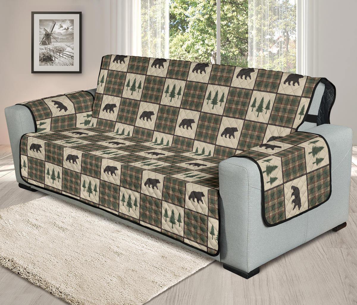 Tan and Green Plaid Bear Theme Furniture Slipcovers - RusticDecorShop