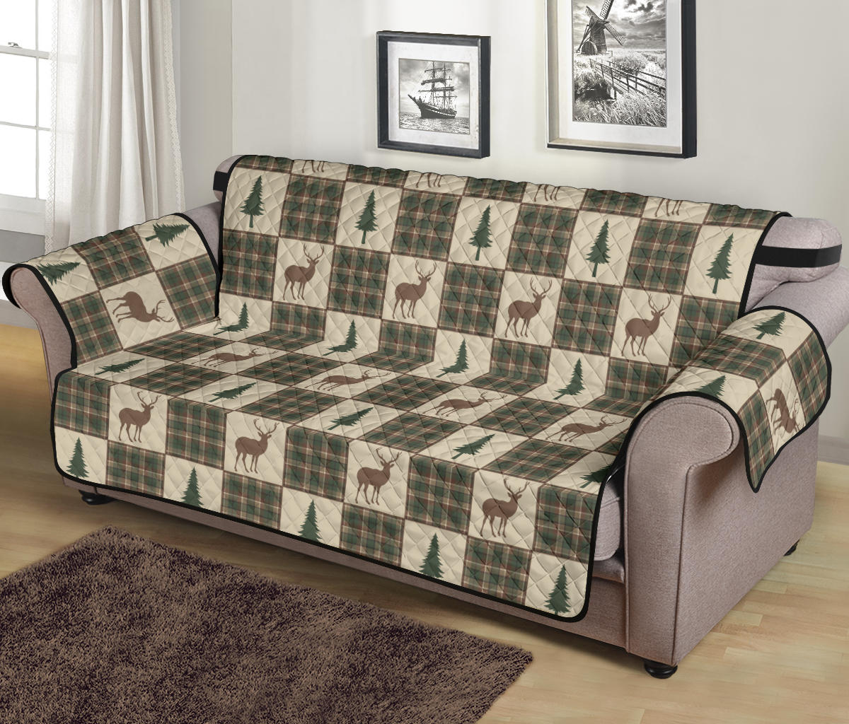 Tan and Green Plaid Deer Theme Rustic Furniture Slipcovers