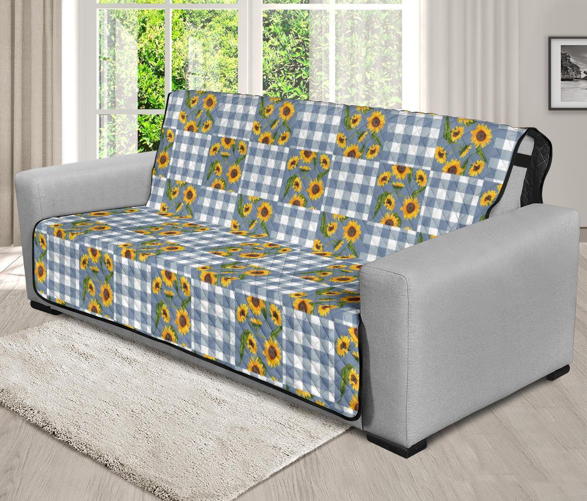 Blue Buffalo Plaid With Sunflowers Patchwork Pattern Furniture Slipcovers - RusticDecorShop