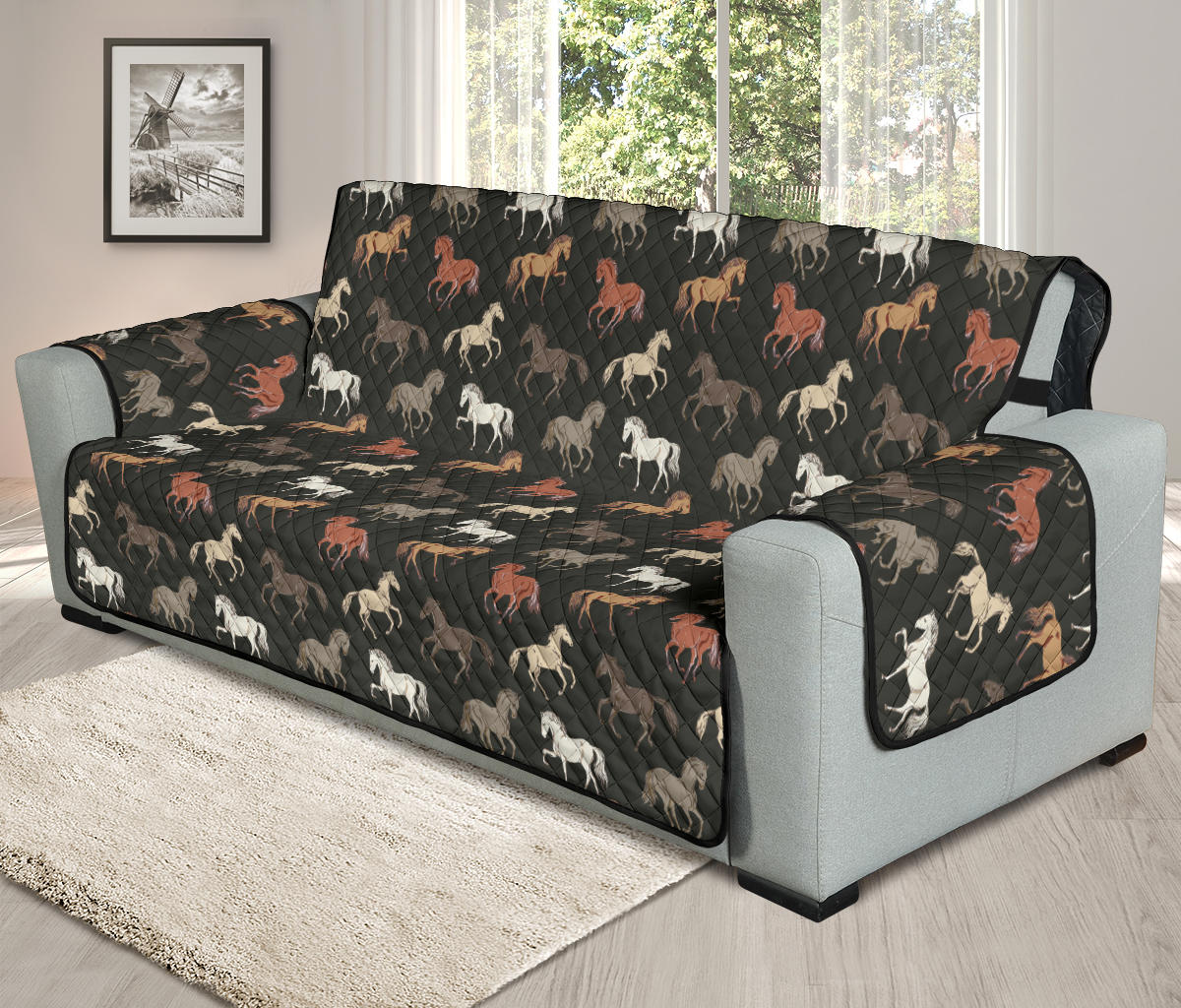 Horse Pattern on Dark Gray Furniture Slipcovers