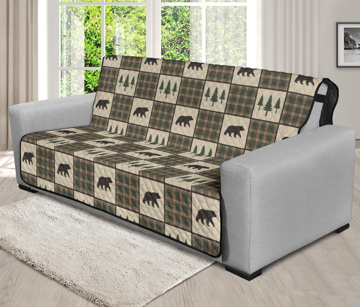 Tan and Green Plaid Bear Theme Furniture Slipcovers - RusticDecorShop